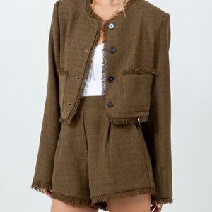 Stylish Brown Blazer with Frayed Edges